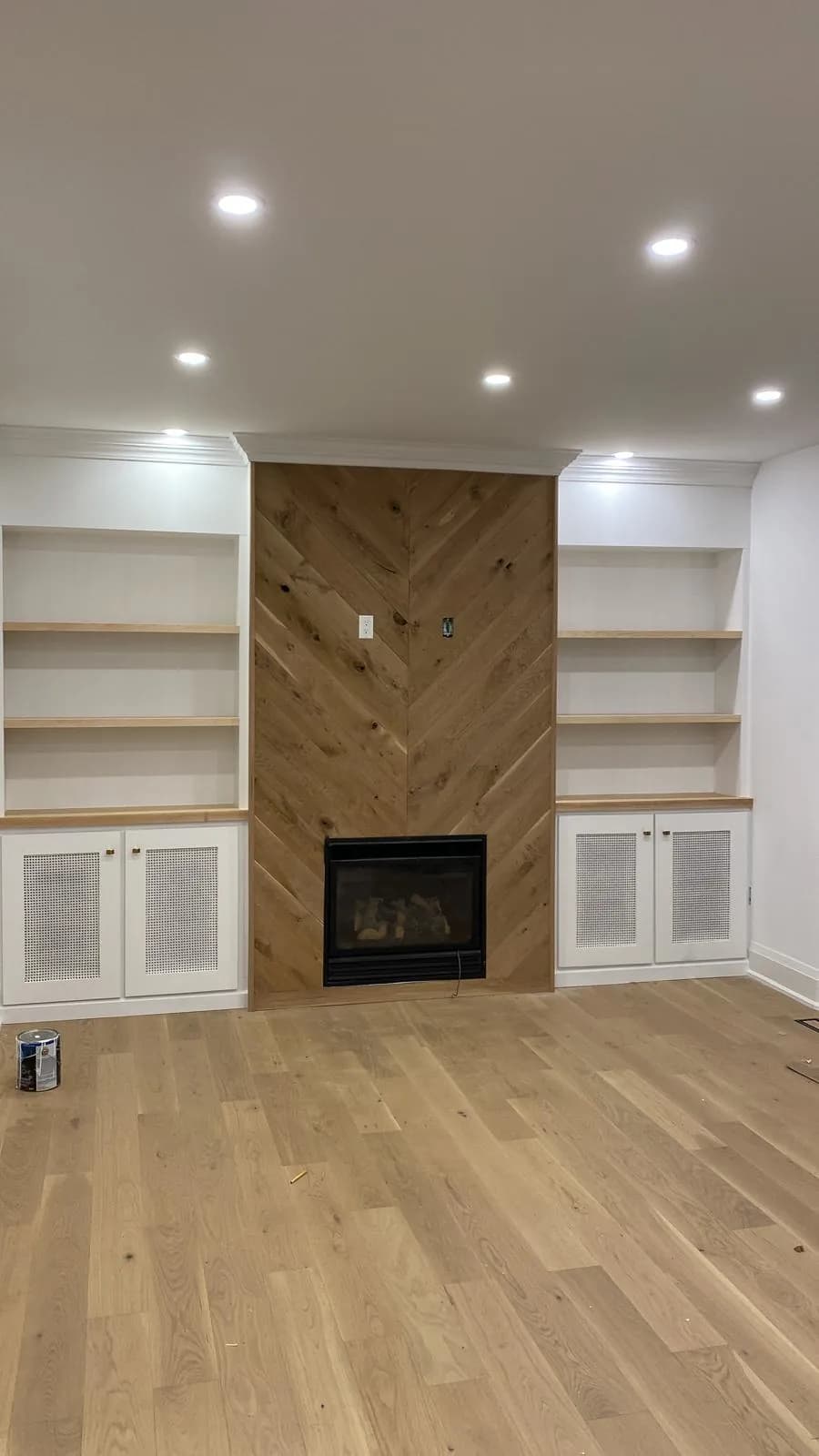 Chevron Fireplace Wall & Built-In Shelving